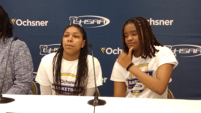 John Curtis Christian players Imani Daniel (left) and Chikae Desdunes talk in the postgame press conference following the Lady Patriots' Division I select title win March 2, 2024.